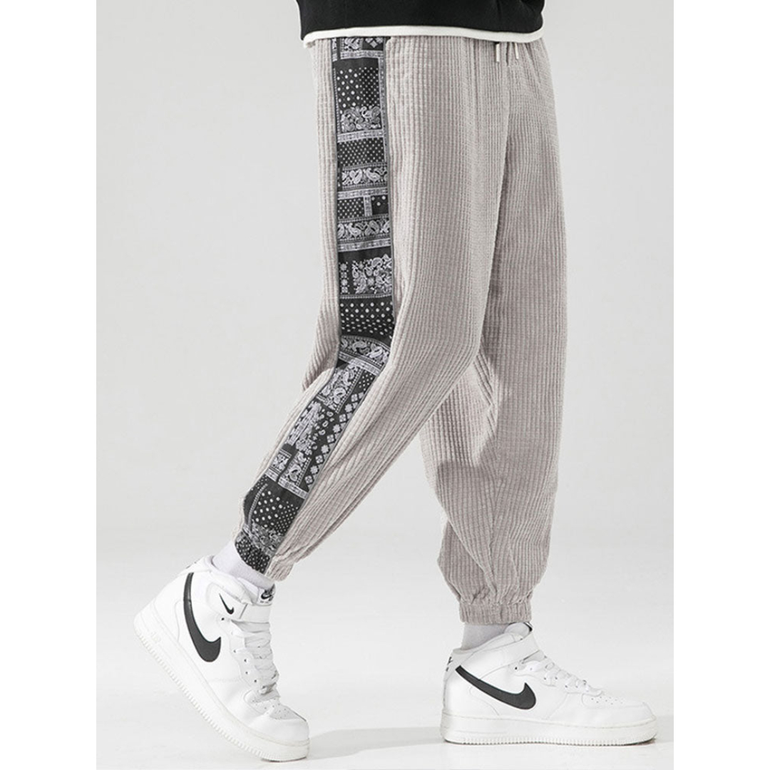 Mens Corduroy Paisley Print Patchwork Casual Drawstring Cuffed Pants
