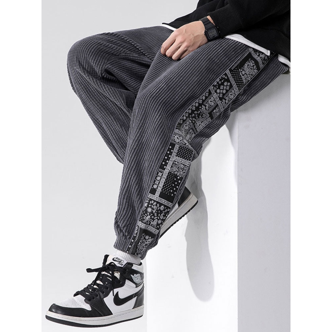 Mens Corduroy Paisley Print Patchwork Casual Drawstring Cuffed Pants