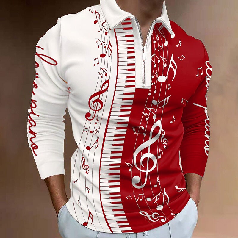 Men's Fashion Long Sleeve Graphic Notes Turndown 3D Print Zipper Shirt