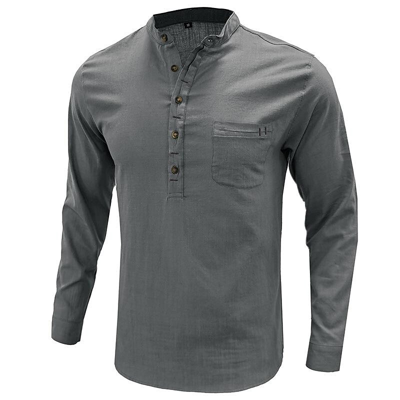 Men's Cotton Linen Slub Cotton Henley Collar Long Sleeve Shirt