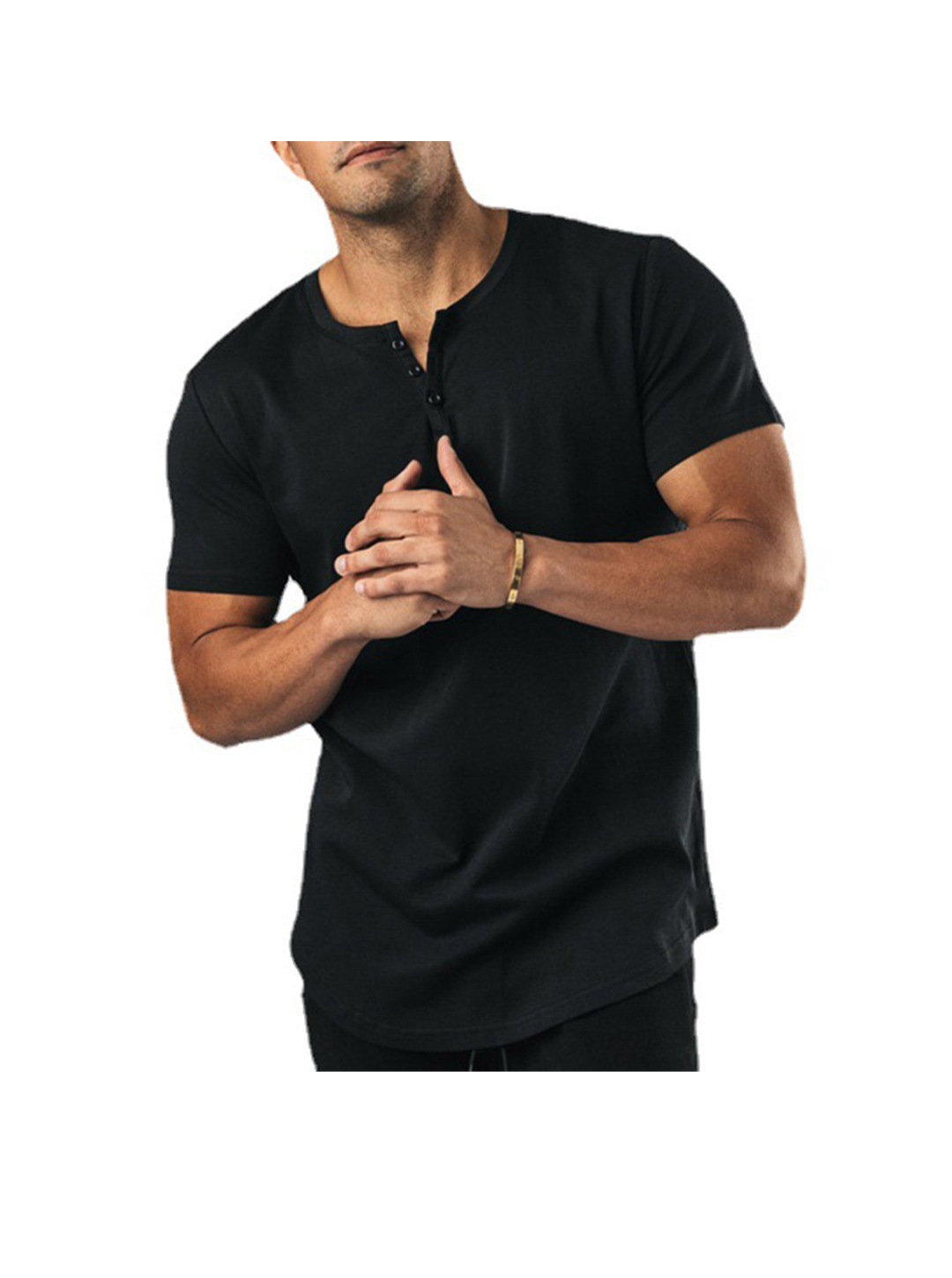 Rolland Solid Color Henley Back Waist Design Short Sleeve T-shirt
