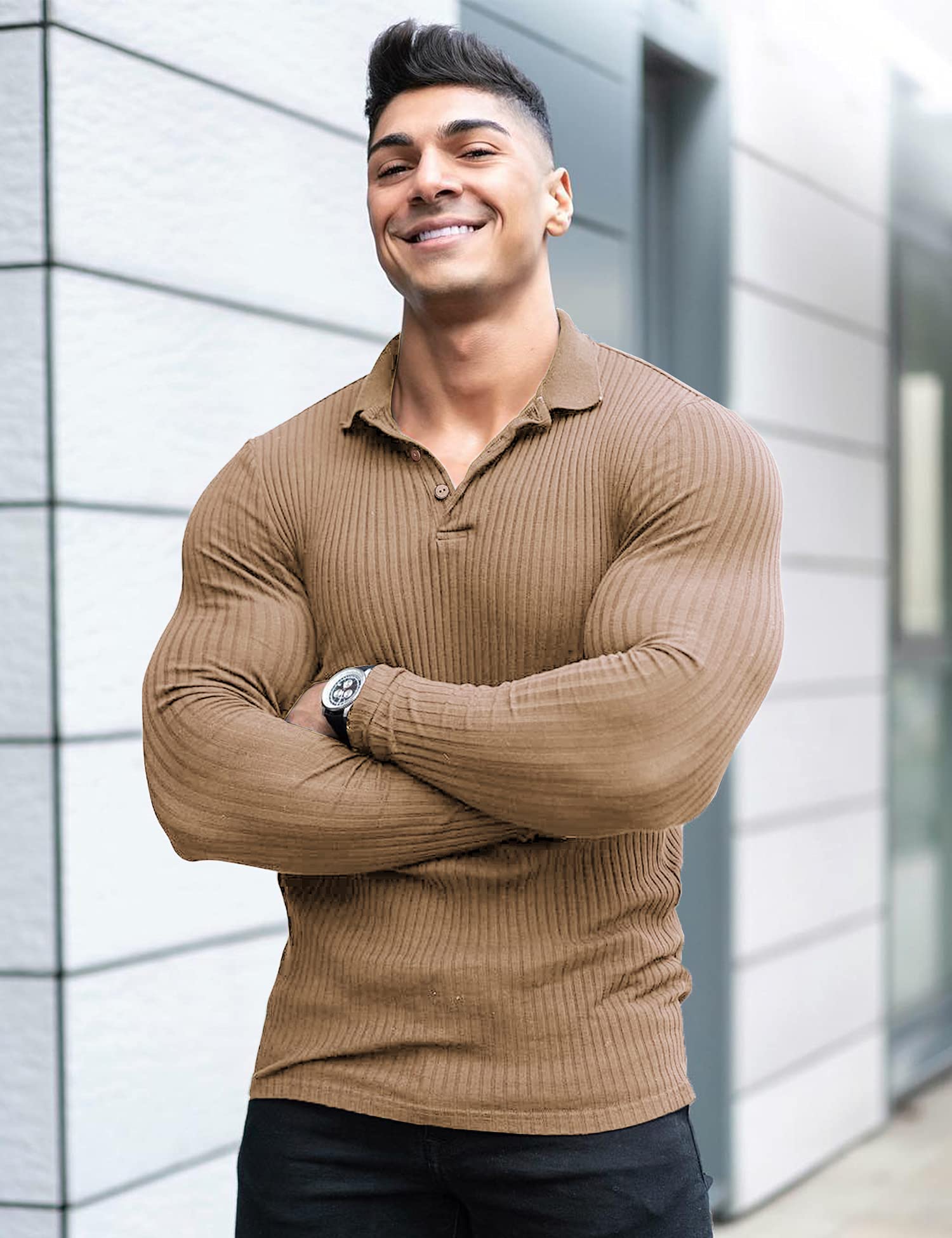 Men's Muscle Ribbed Texture Solid Color Long Sleeve Polo Shirt