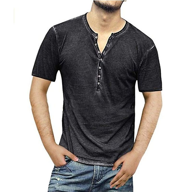 Men's Solid Color Henley Casual Short Sleeve T-shirt