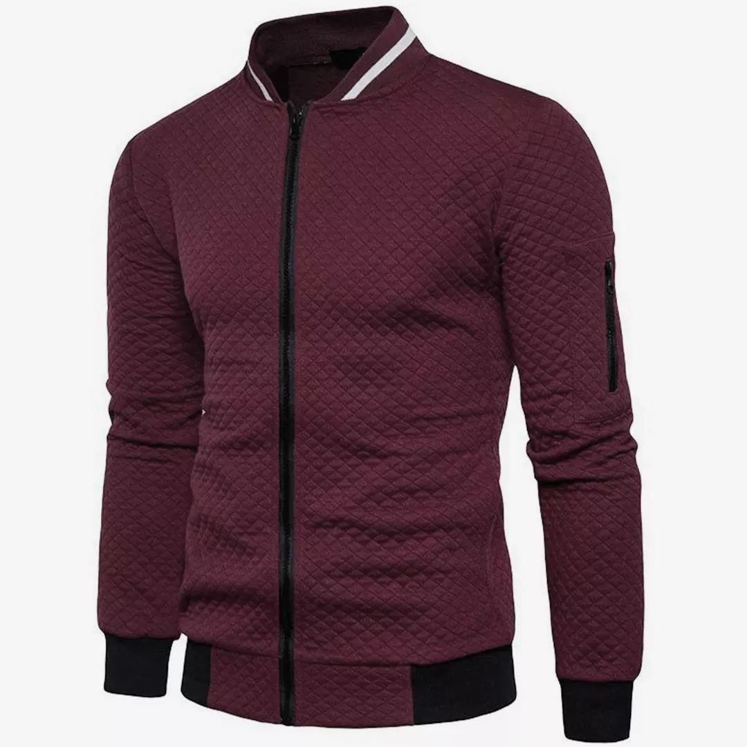 Men's Jacquard Small Check Solid Color Zip Up Sweat Bomber Jacket