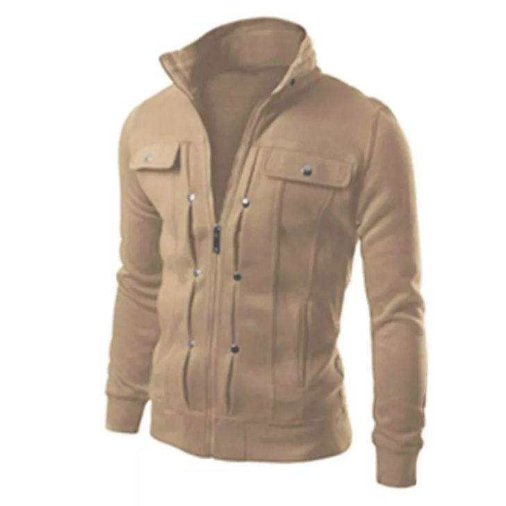 Men's Solid Color Stand Collar Long Sleeve Causal Slim Zipper Jacket