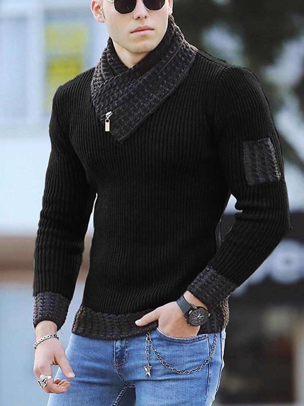 Men's Pullover Color Block Ethnic Style Turtleneck Sweater