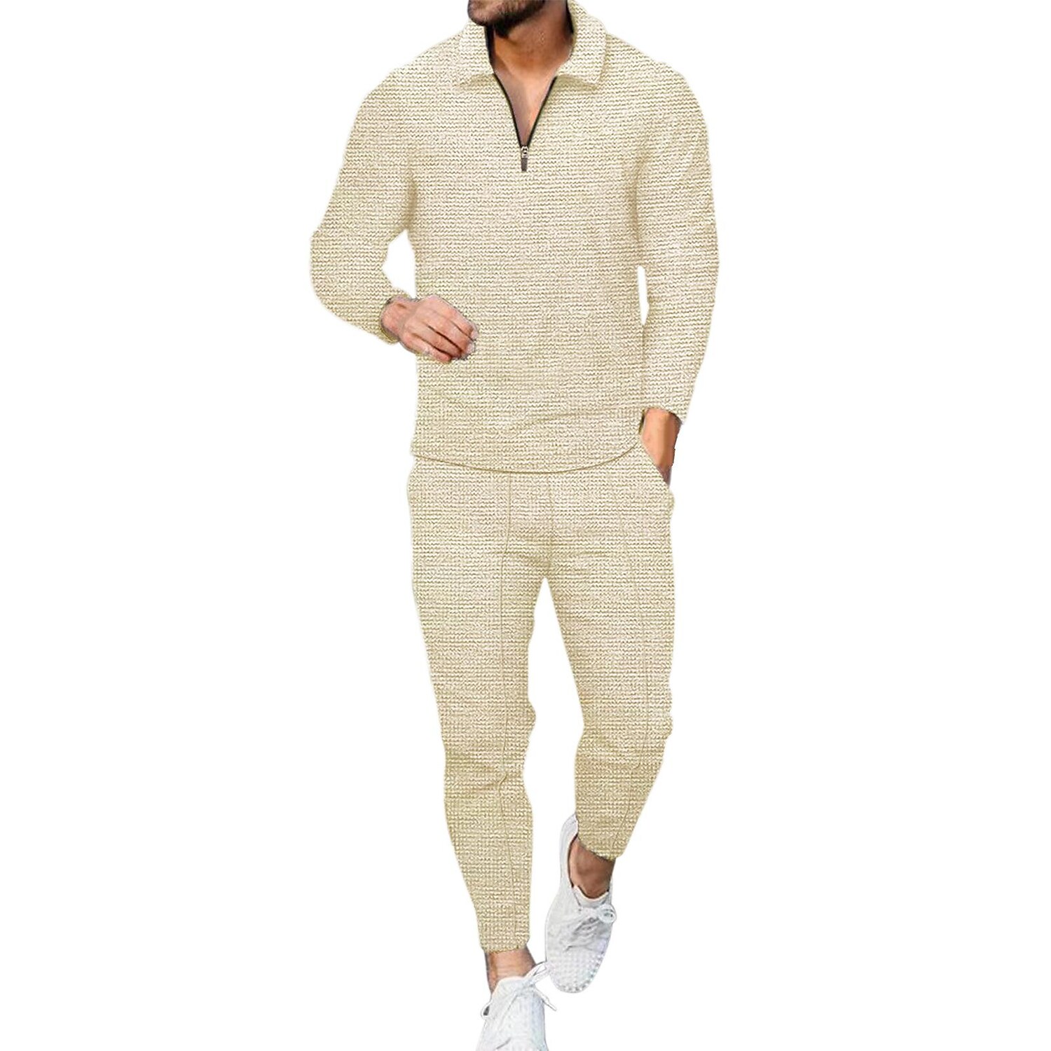 Men's Waffle Set Solid Color Turndown Casual Sports Zipper Long Sleeve Pants Sports Two-Piece Set
