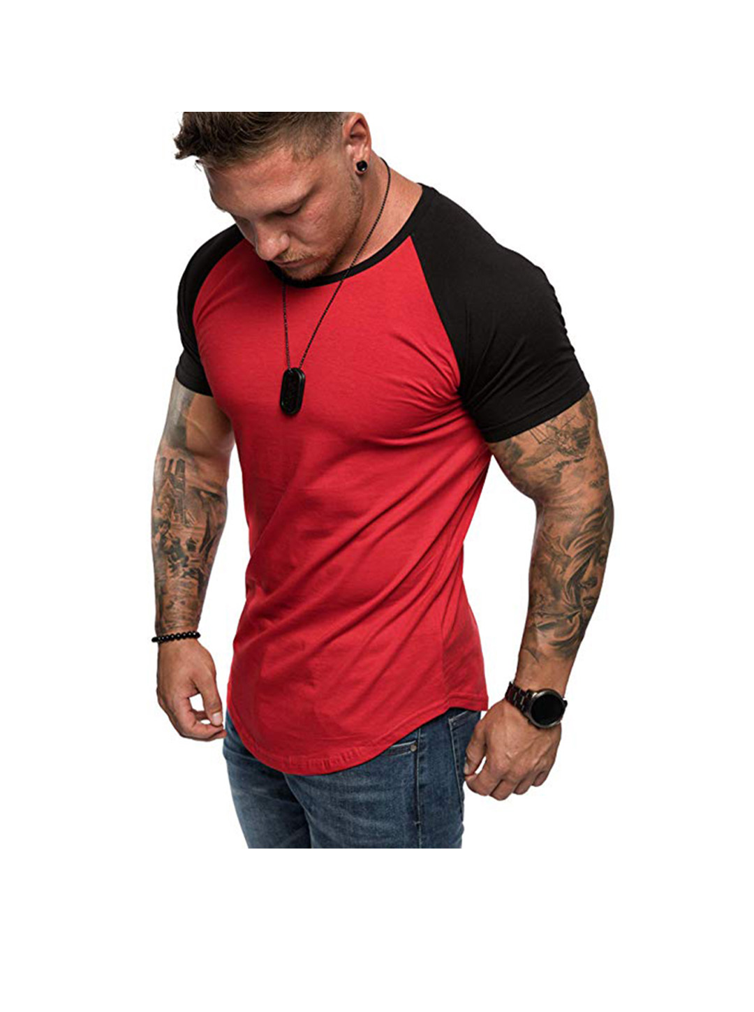 Men's Raglan Sleeve Color Block Short Sleeve T-Shirt Soft Breathable