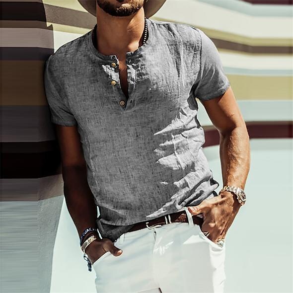 Men's Cotton Linen Short Sleeve Button Down Shirt