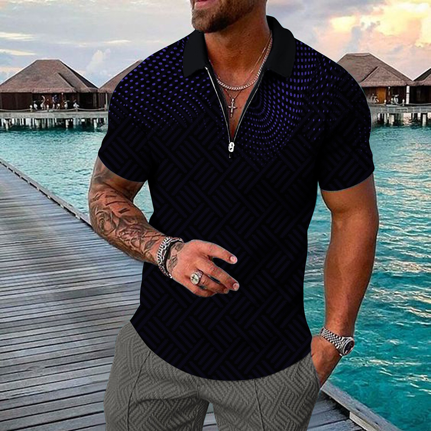 Men's Polka Dot Turndown Street Casual Short Sleeve Zipper Polo T Shirt
