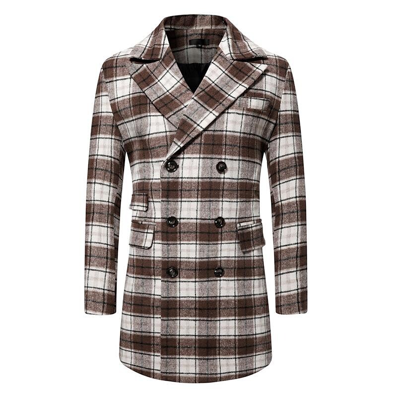 Men's Mid-Length Double-breasted Plaid Coat