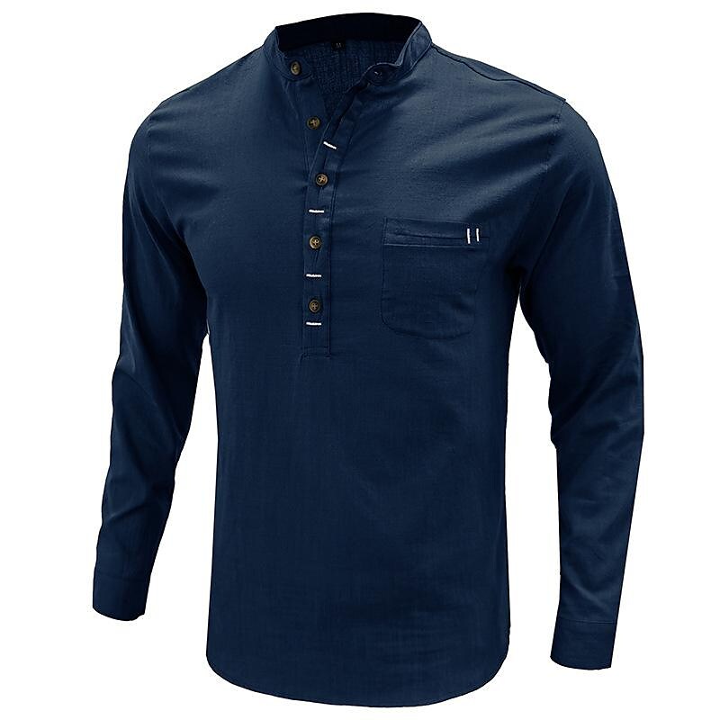 Men's Cotton Linen Slub Cotton Henley Collar Long Sleeve Shirt