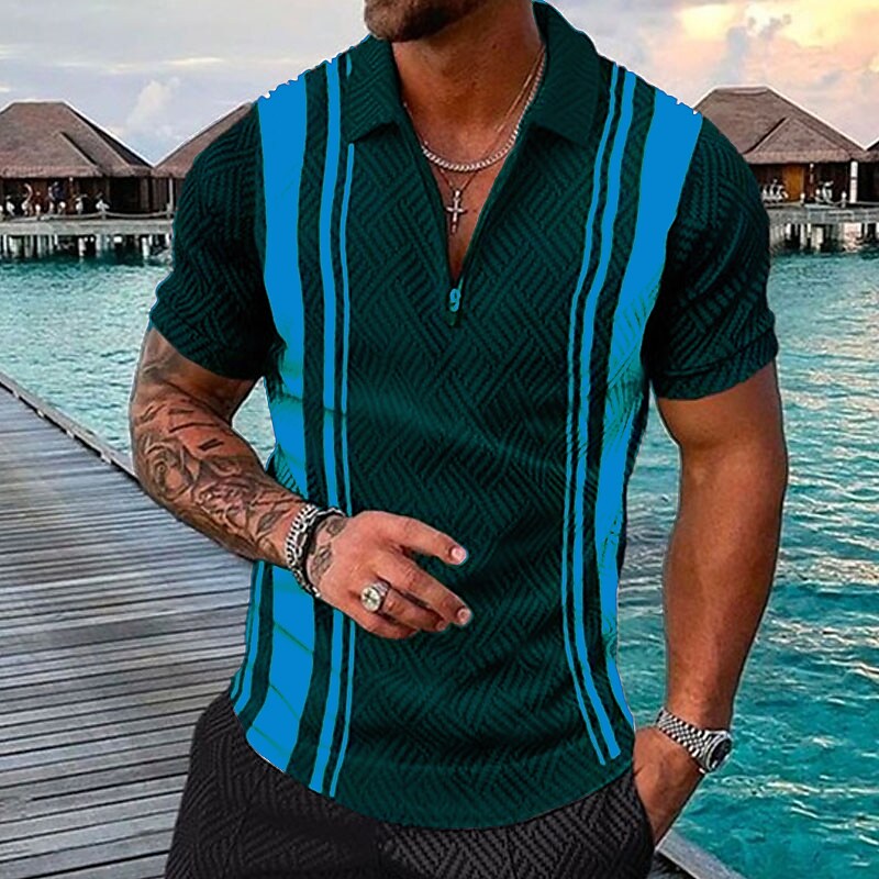 Men's Striped Turndown Street Casual Zipper Polo T-shirt