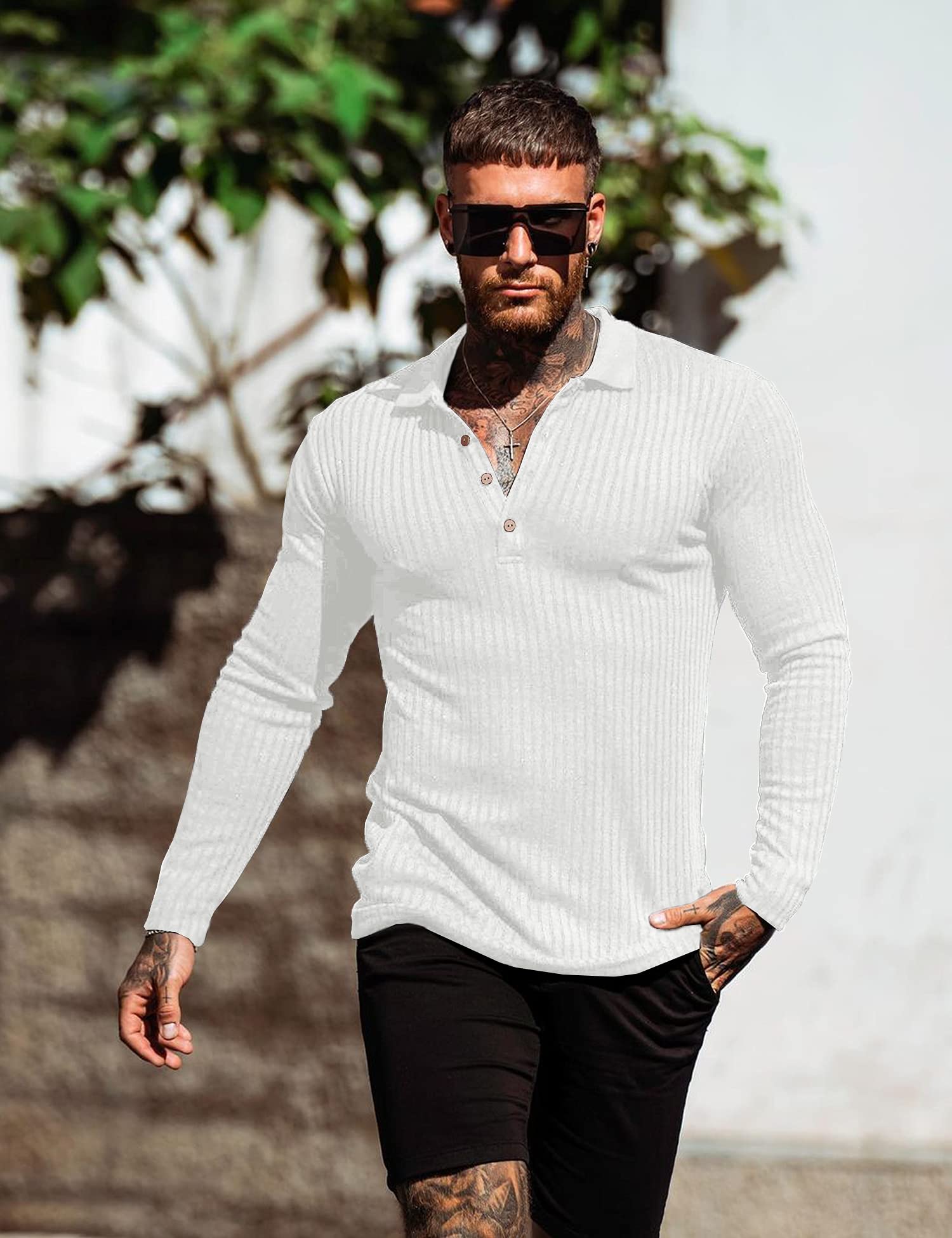 Men's Muscle Ribbed Texture Solid Color Long Sleeve Polo Shirt