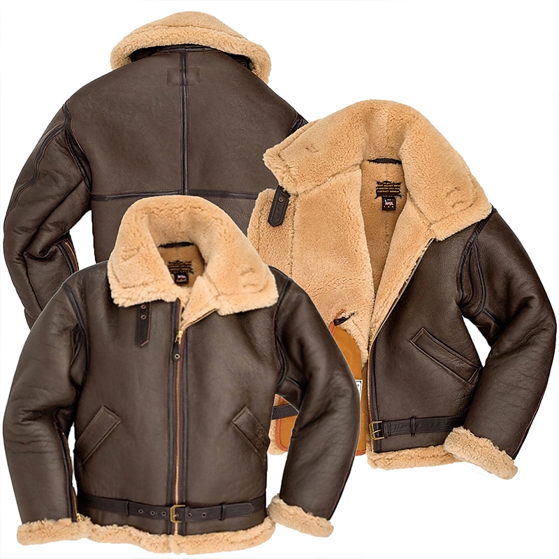 Men's Faux-Shearling Solid Color Leather Jacket Warm Windproof Outdoor