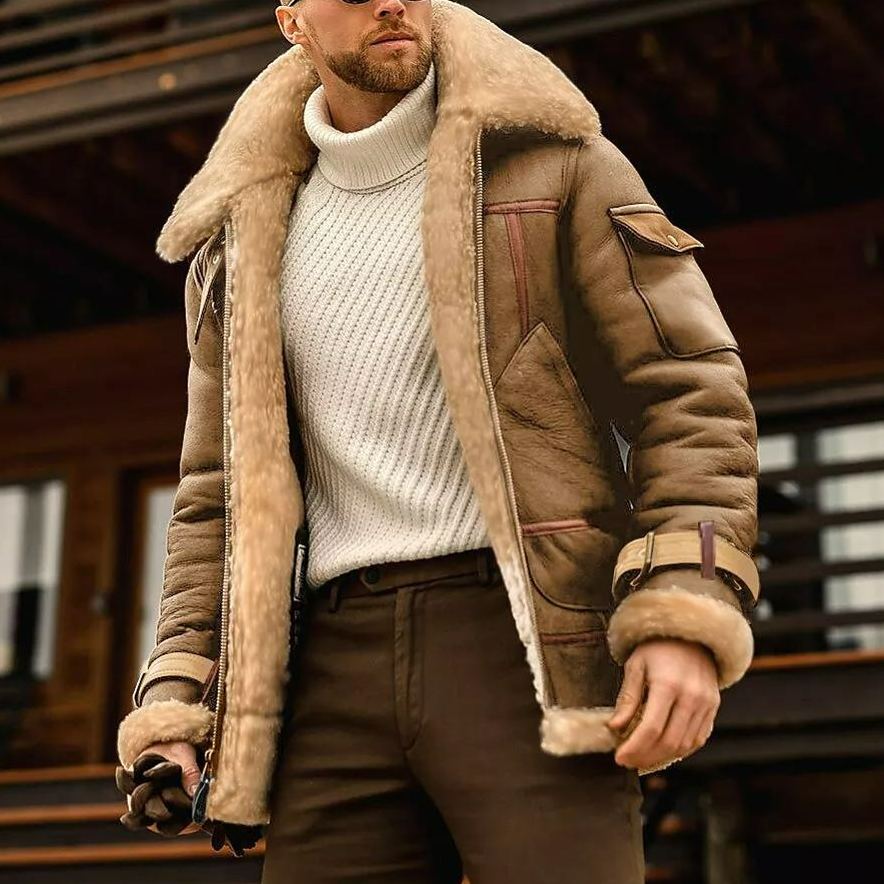 Men's Faux-Shearling Leather Biker Jacket