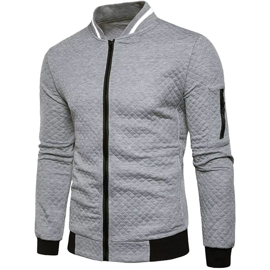 Men's Jacquard Small Check Solid Color Zip Up Sweat Bomber Jacket