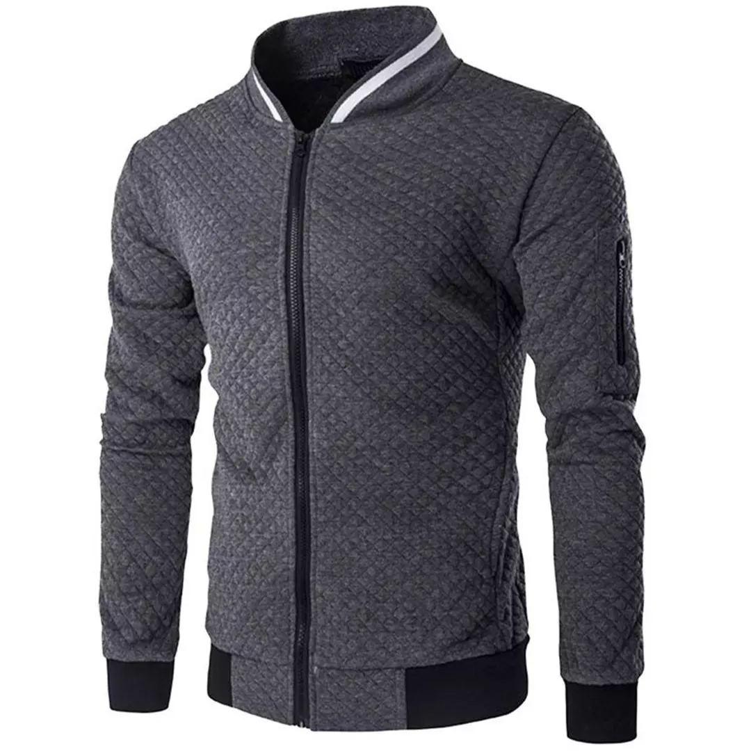 Men's Jacquard Small Check Solid Color Zip Up Sweat Bomber Jacket