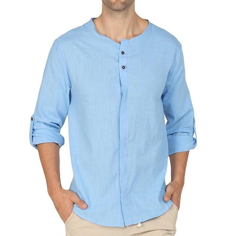 Men's Cotton Linen Solid Color Long Sleeve Shirt