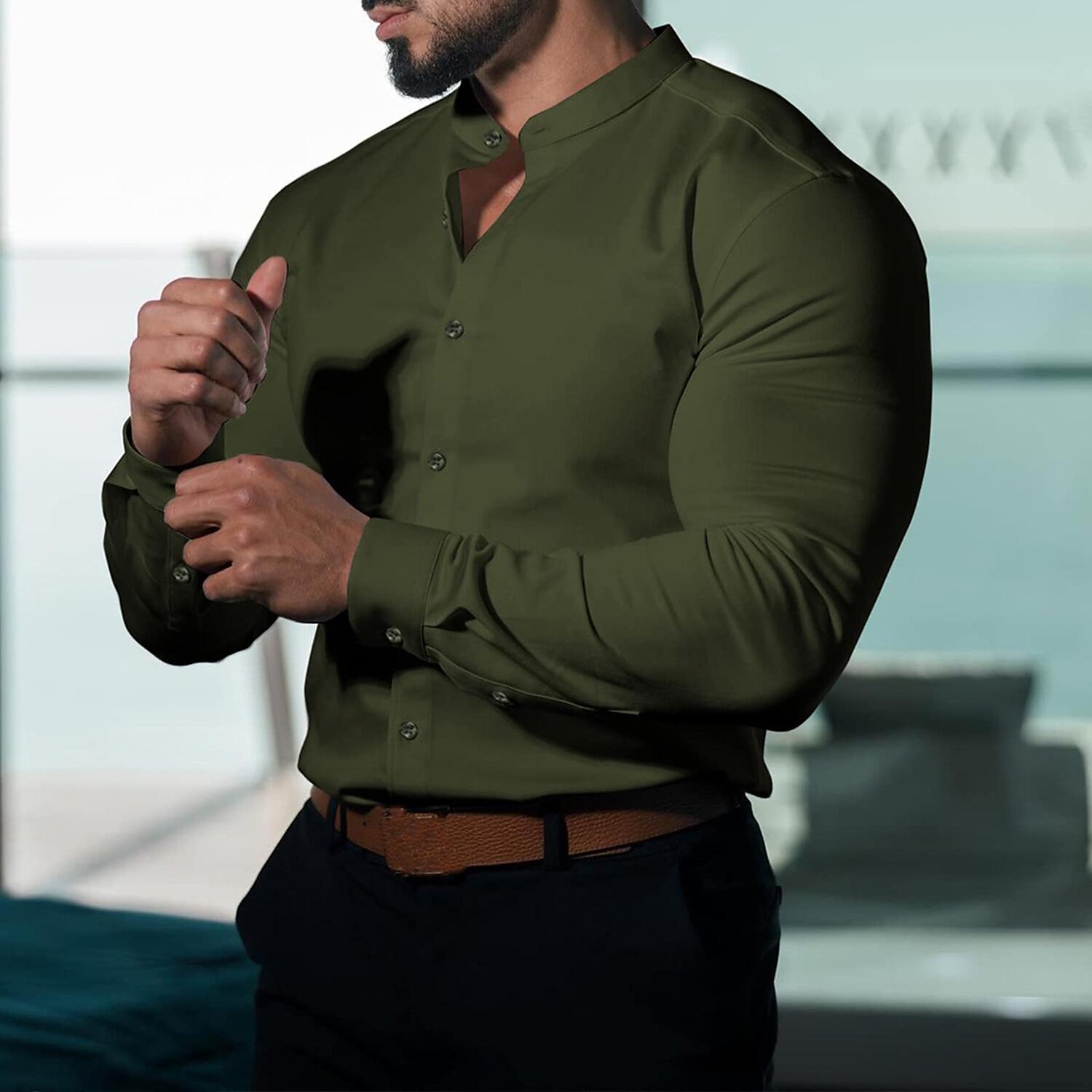 Men's Solid Color Stand Collar Slim Fit Stretch Long Sleeve Shirt