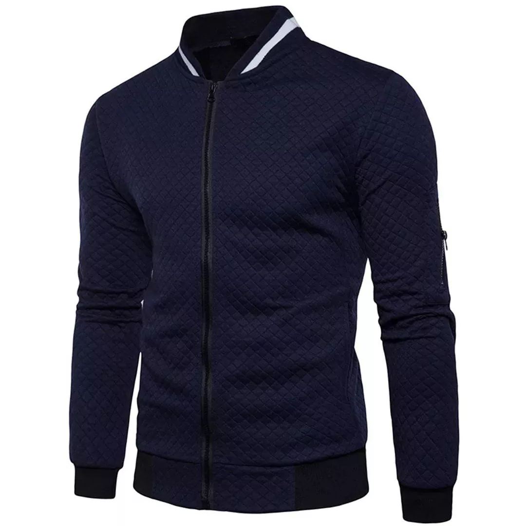 Men's Jacquard Small Check Solid Color Zip Up Sweat Bomber Jacket