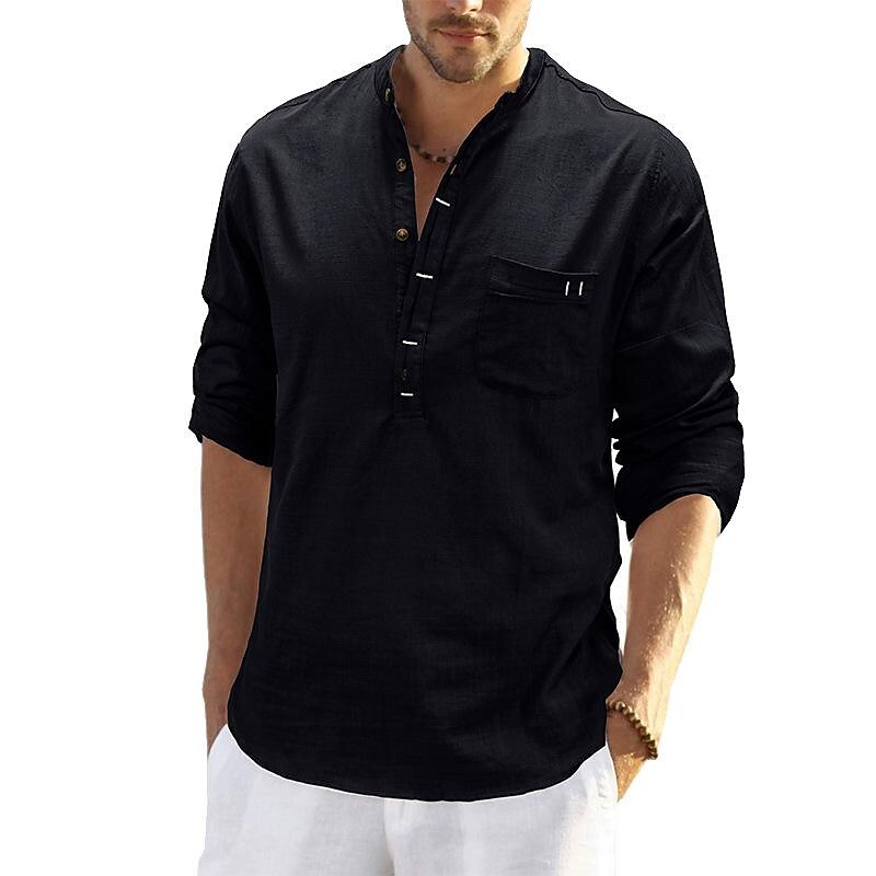 Men's Cotton Linen Slub Cotton Henley Collar Long Sleeve Shirt