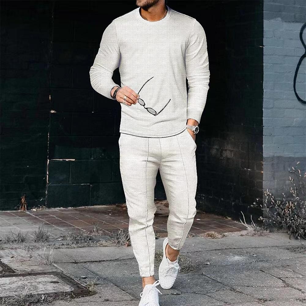 Men's Waffle Set Solid Color Crew Neck Casual Sports Zipper Long Sleeve Pants Sports Two-Piece Set