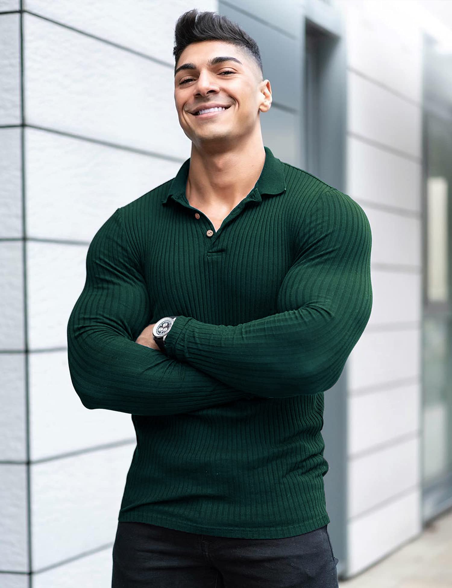 Men's Muscle Ribbed Texture Solid Color Long Sleeve Polo Shirt