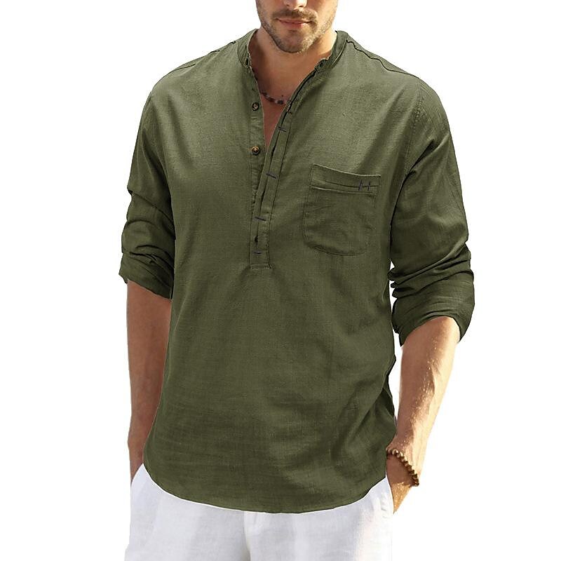 Men's Cotton Linen Slub Cotton Henley Collar Long Sleeve Shirt