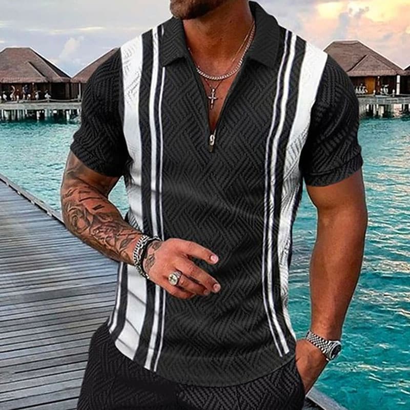 Men's Striped Turndown Street Casual Zipper Polo T-shirt