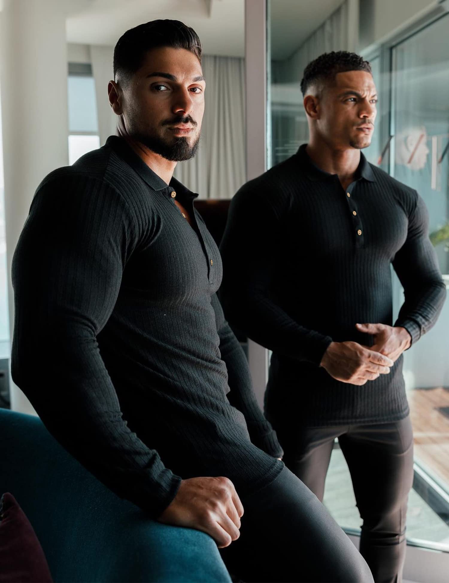 Men's Muscle Ribbed Texture Solid Color Long Sleeve Polo Shirt