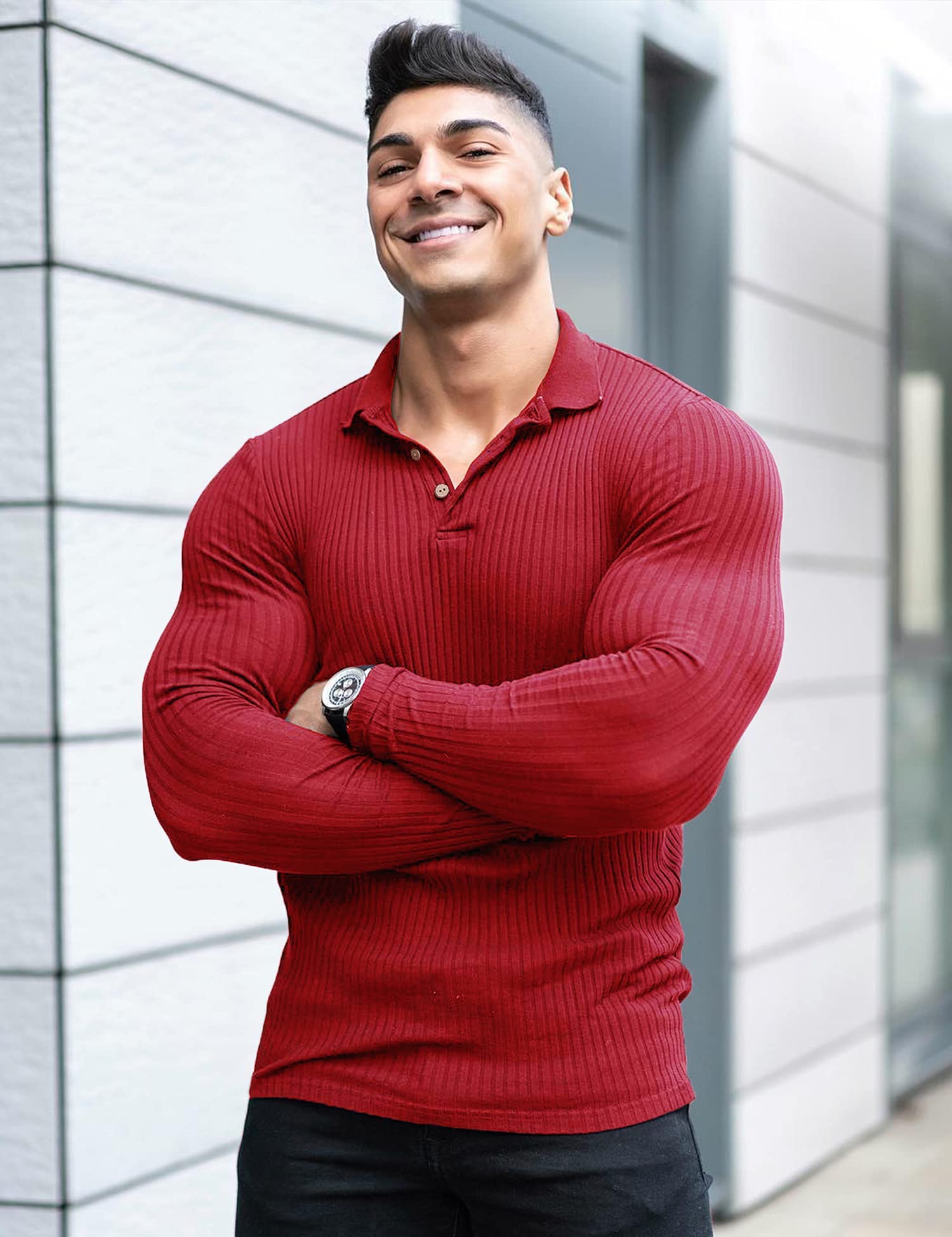 Men's Muscle Ribbed Texture Solid Color Long Sleeve Polo Shirt