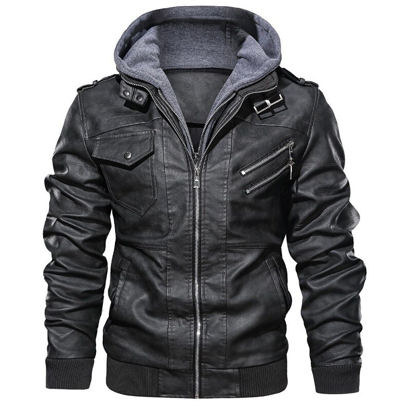 Men's Faux Leather Outdoor Waterproof Solid Color Fake Two Piece Hooded Jacket