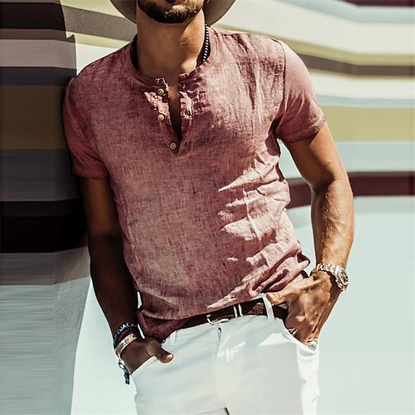 Men's Cotton Linen Short Sleeve Button Down Shirt
