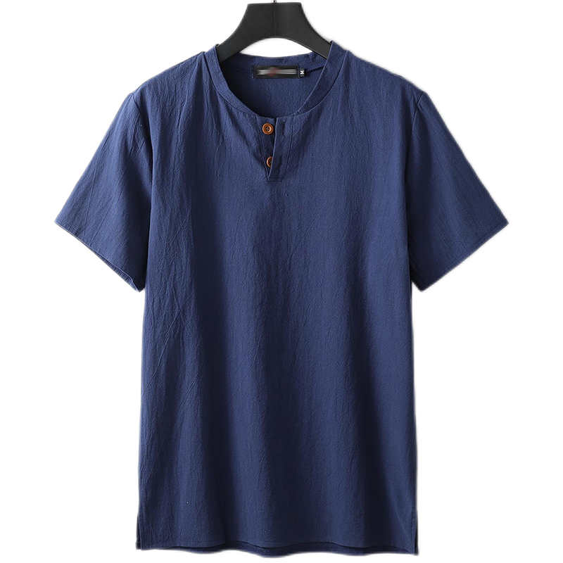 Men's Henley Cotton And Linen Short Sleeve Shirt