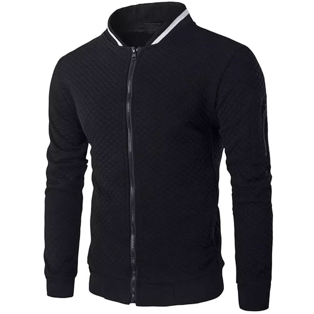 Men's Jacquard Small Check Solid Color Zip Up Sweat Bomber Jacket