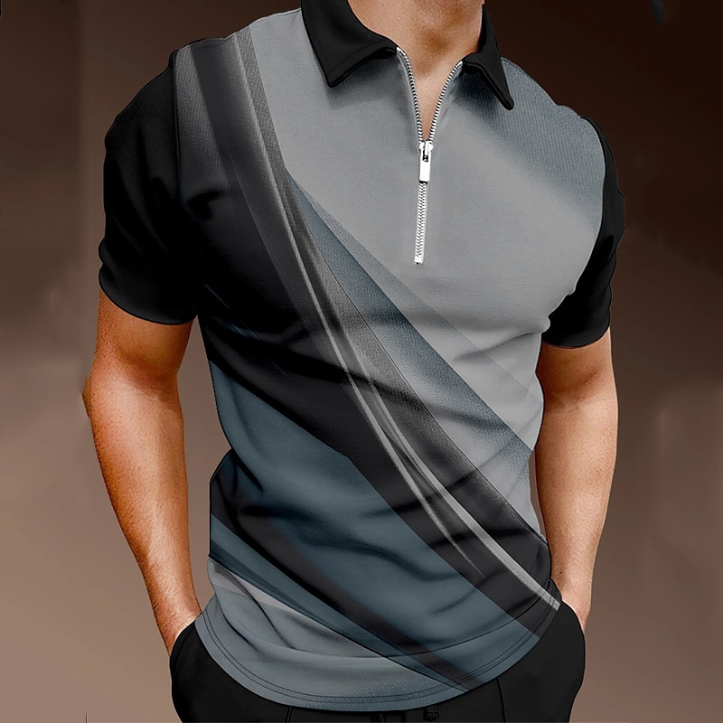 Men's 3D Print Streamer Turndown Casual Daily Zipper Polo T Shirt