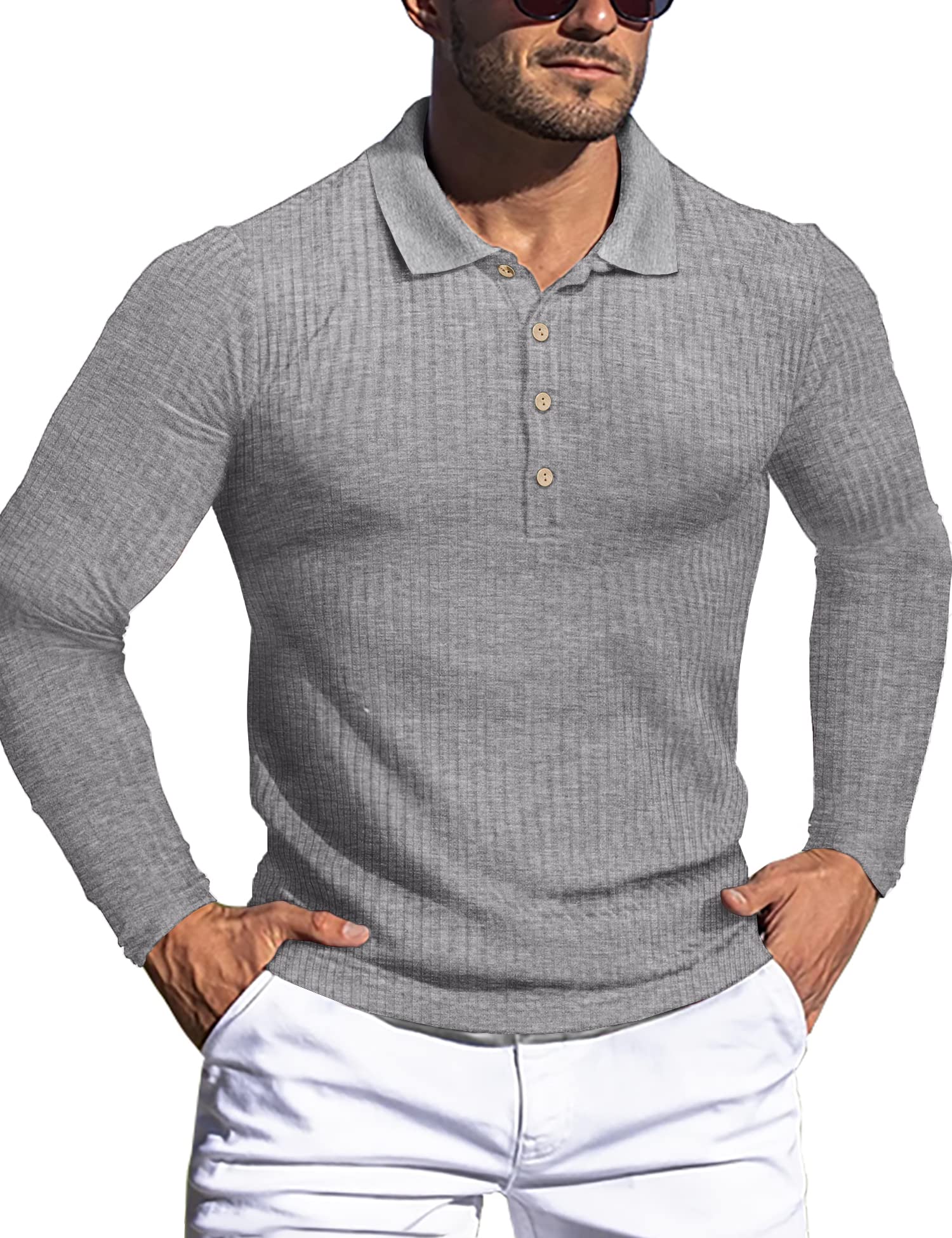 Men's Muscle Ribbed Texture Solid Color Long Sleeve Polo Shirt