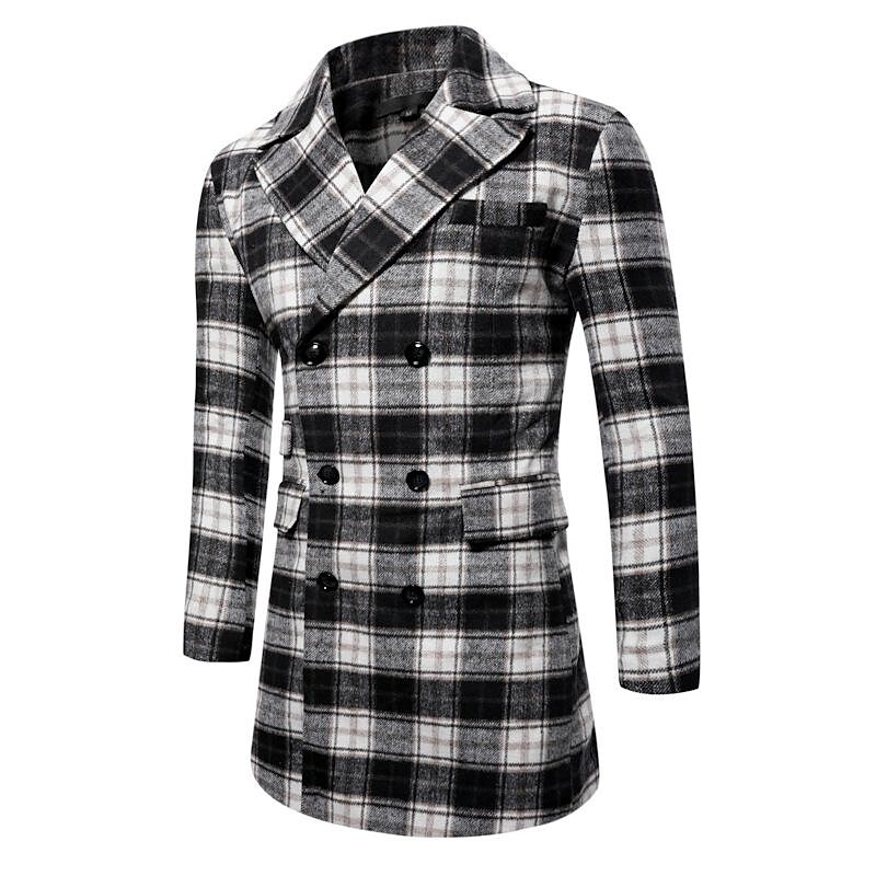 Men's Mid-Length Double-breasted Plaid Coat