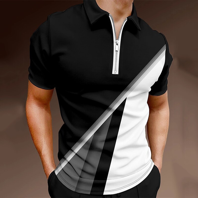 Men's Golf Shirt Print Color Block Turndown Street Daily Zipper Print