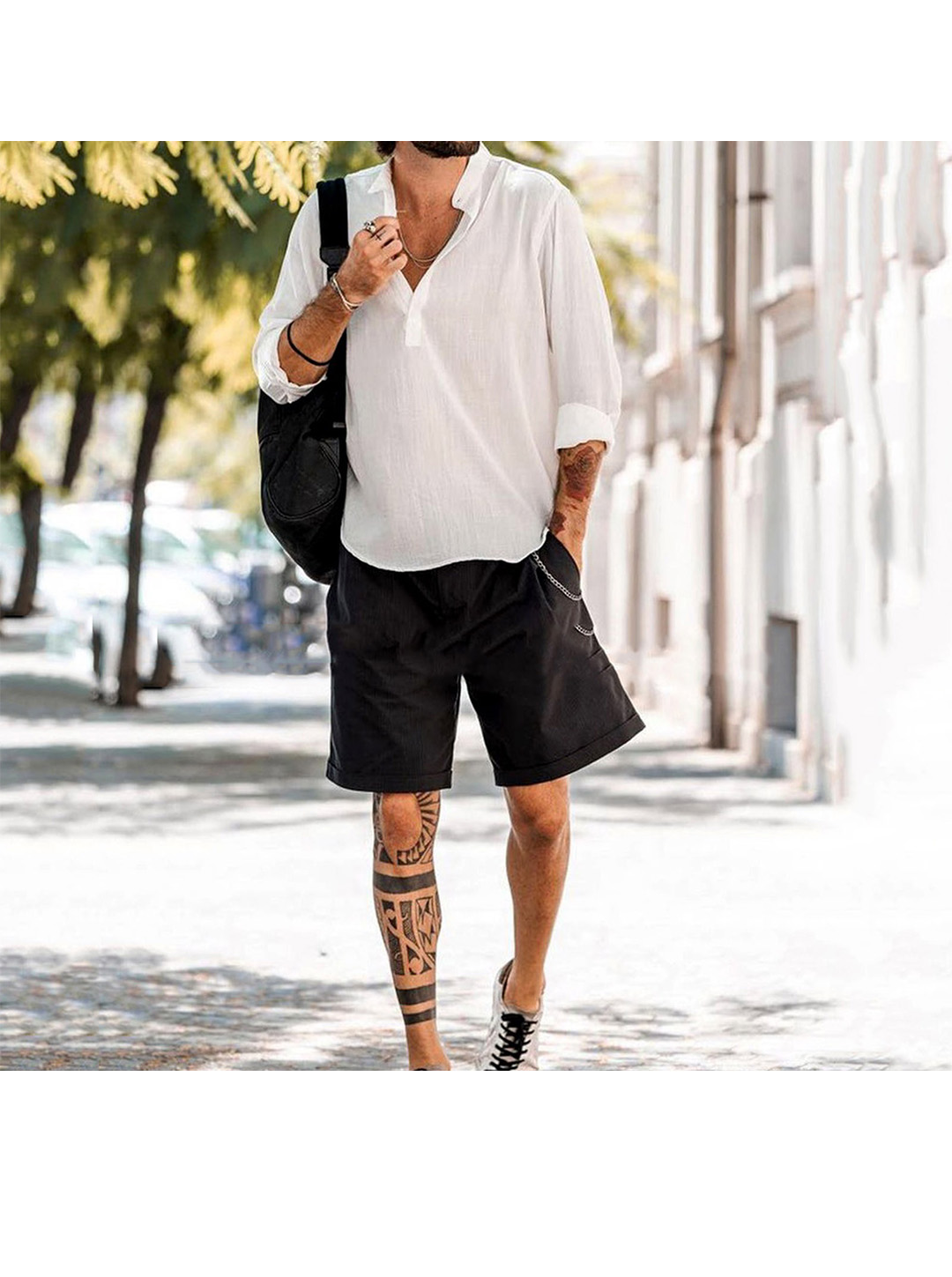 Reyes Cotton and Linen Solid Henley Collar Shirt