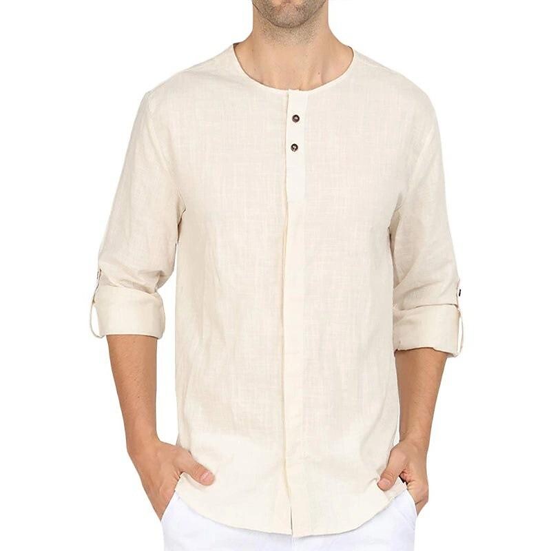 Men's Cotton Linen Solid Color Long Sleeve Shirt