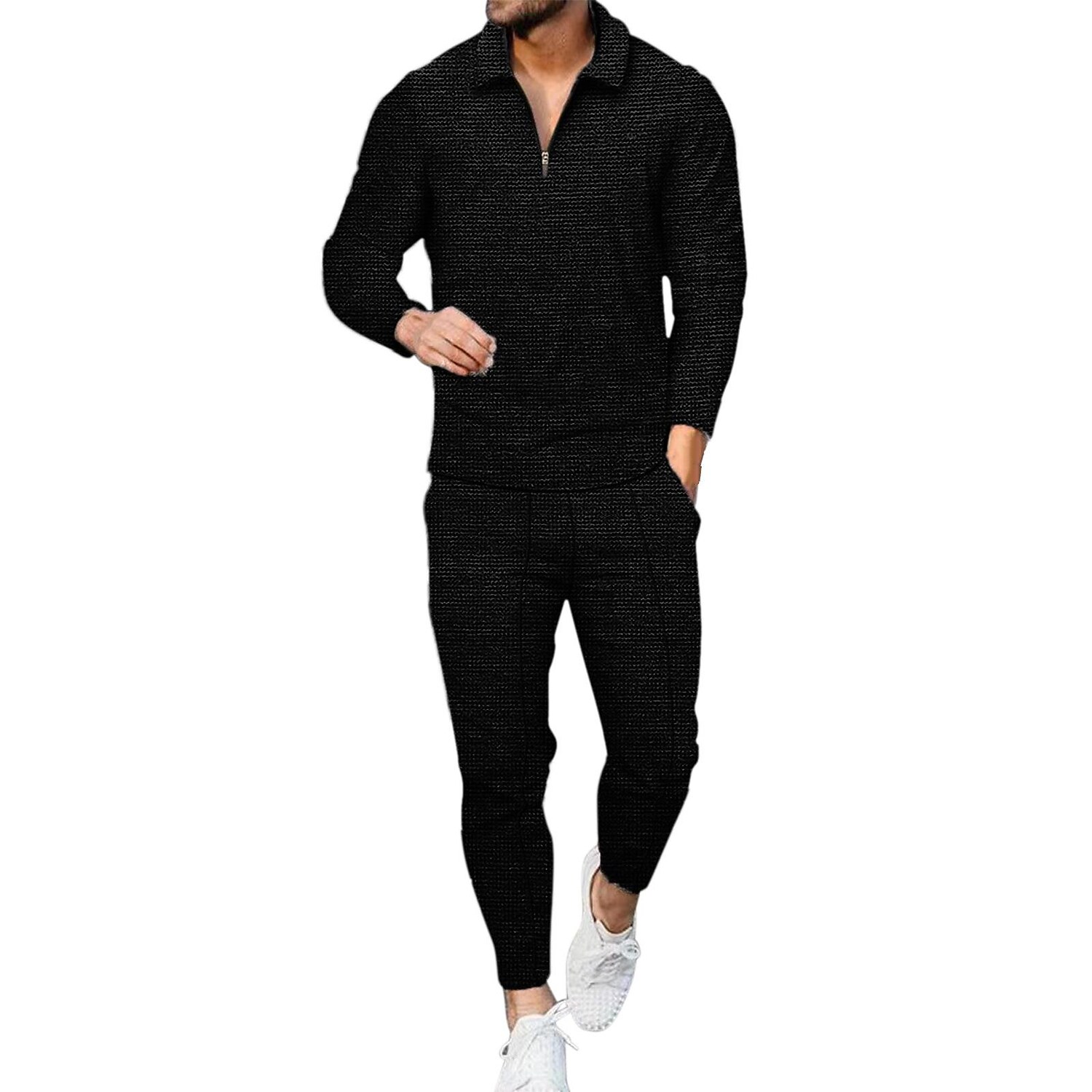 Men's Waffle Set Solid Color Turndown Casual Sports Zipper Long Sleeve Pants Sports Two-Piece Set