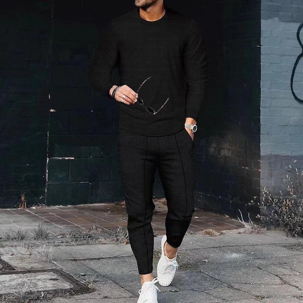 Men's Waffle Set Solid Color Crew Neck Casual Sports Zipper Long Sleeve Pants Sports Two-Piece Set
