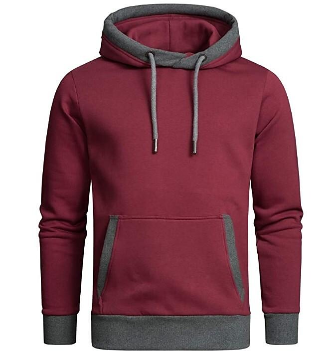 Men's Solid Fleece Pullover Hoodie With Contrasting Details