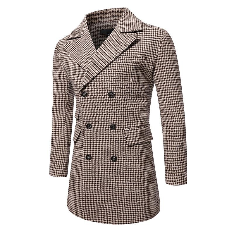 Men's Mid-Length Double-breasted Houndstooth Coat