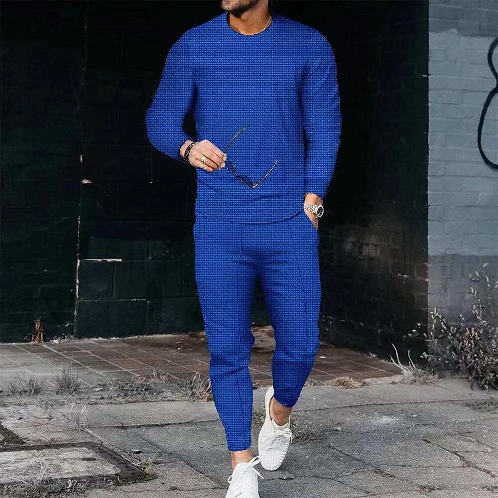Men's Waffle Set Solid Color Crew Neck Casual Sports Zipper Long Sleeve Pants Sports Two-Piece Set