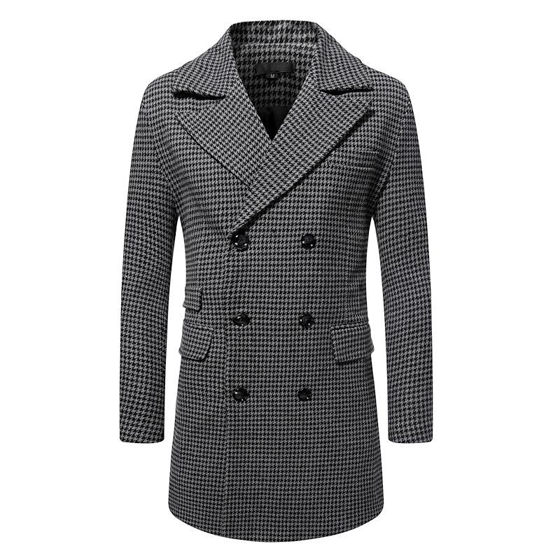 Men's Mid-Length Double-breasted Houndstooth Coat