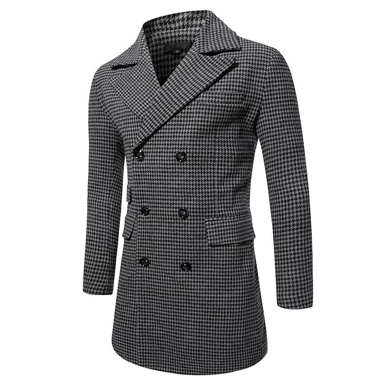 Men's Mid-Length Double-breasted Houndstooth Coat
