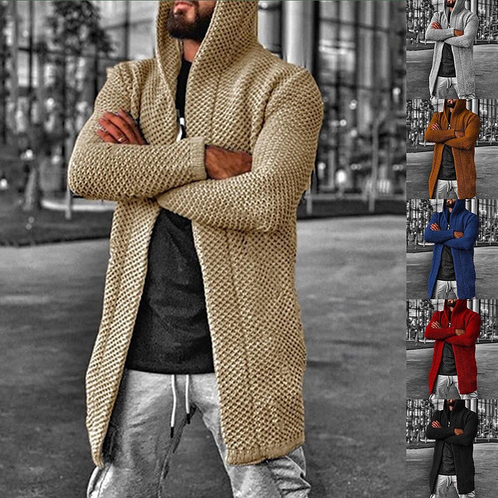 Men's Solid Color Hooded Texture Cardigan
